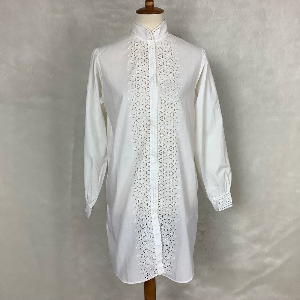 Vintage White Eyelet Lace Long Sleeve Tunic Dress S